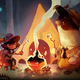 A young child and a bear toast marshmallows over a living fire.
